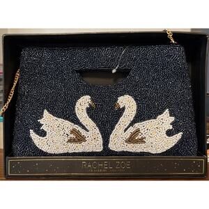 NIB Rachel Zoe Beaded Swan Clutch Evening Bag Navy Removable Gold Chain Strap